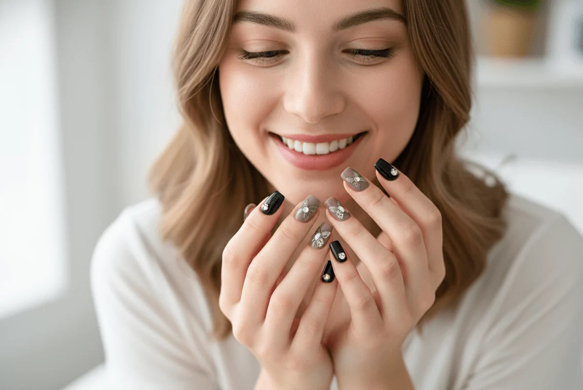 Febble Wing Butterfly Noir Press-On Nails | Black Butterfly Nail Set | Reusable Glossy False Nails