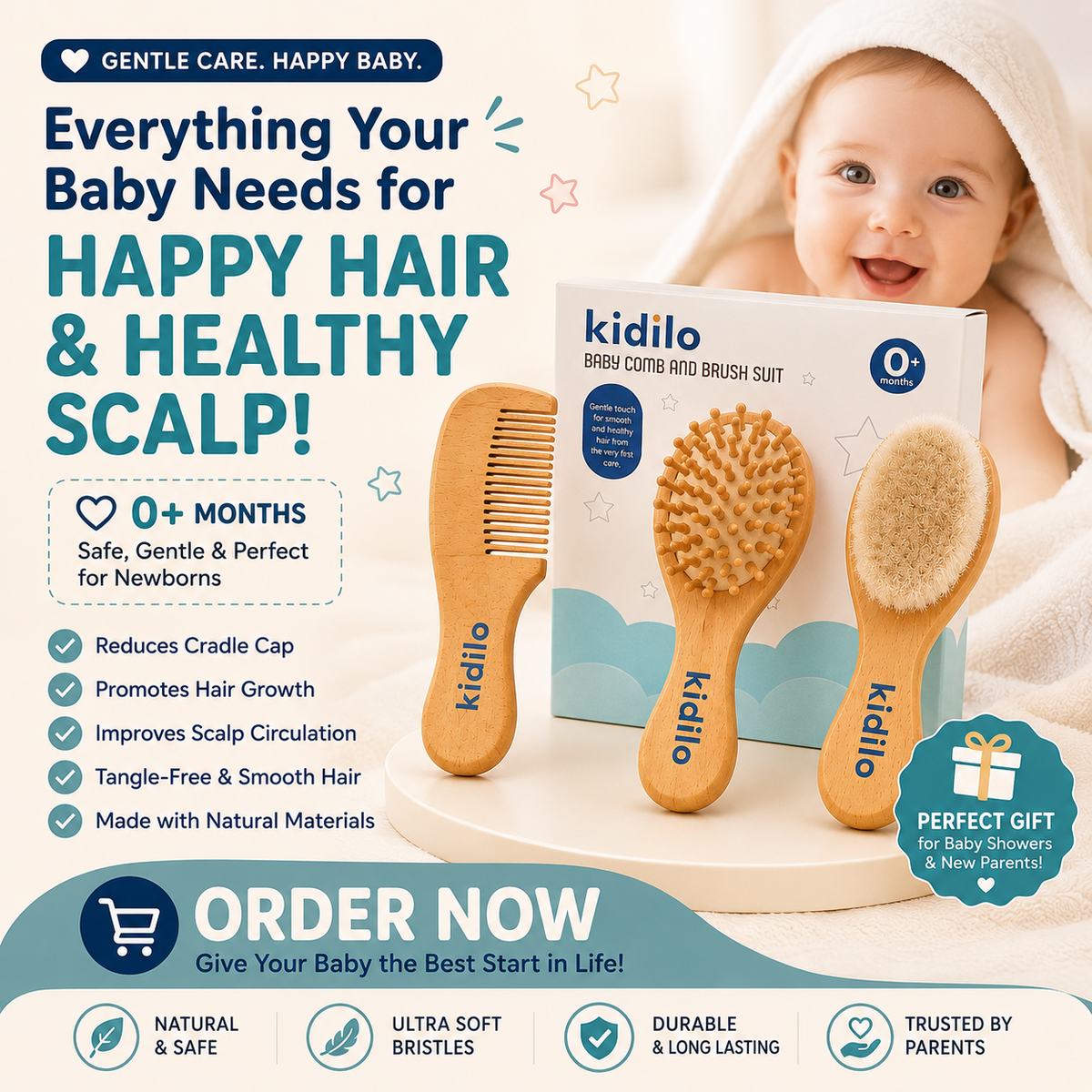 Kidilo Baby Brush & Comb Set – 3-Piece Wooden Newborn Hair Grooming Kit with Soft Bristle Brush, Scalp Massage Brush & Comb | 0+ Months