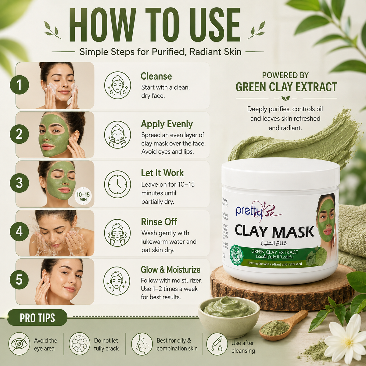 Green Clay Face Mask | Deep Cleansing Clay Mask with Green Clay Extract | Pore Minimizing & Oil Control Facial Mask for All Skin Types