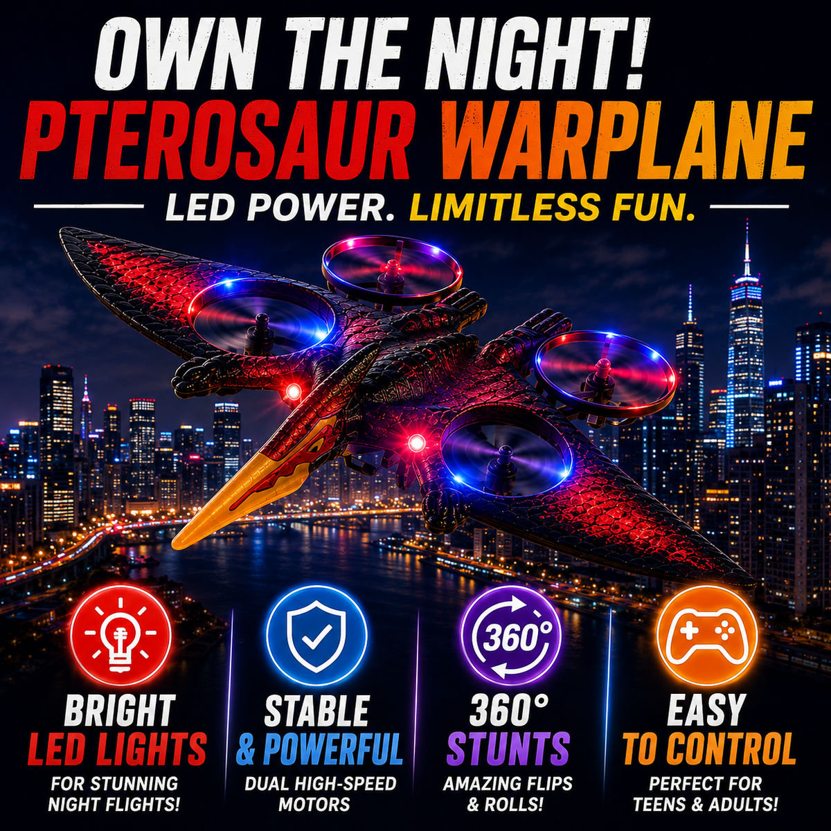 Pterosaur Warplane Flying Dino Drone | RC Dinosaur Aircraft with Gliding Flight & Rechargeable Remote Control Toy