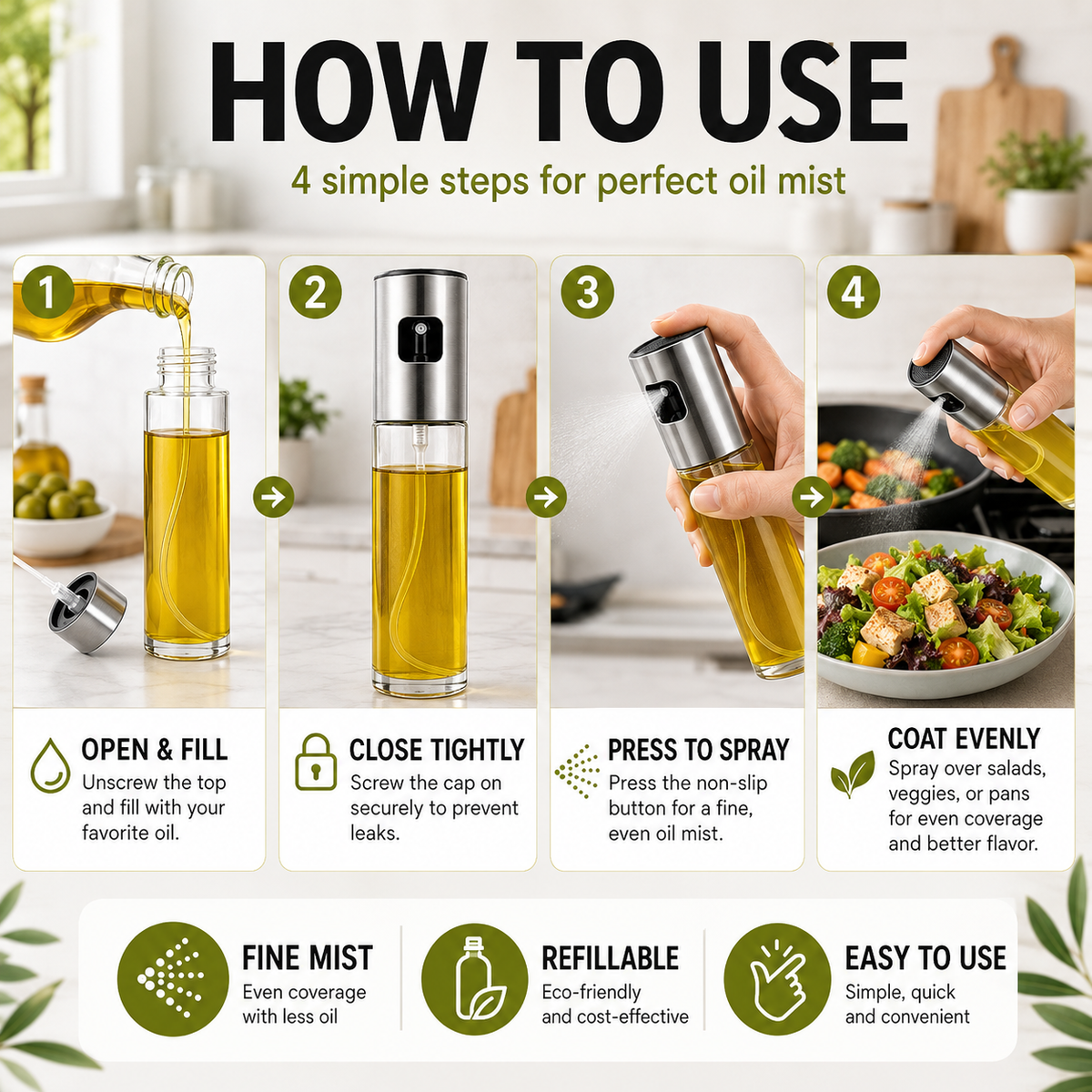 Oil Spray Bottle | Refillable Olive Oil Sprayer for Cooking, BBQ, Air Fryer & Salad