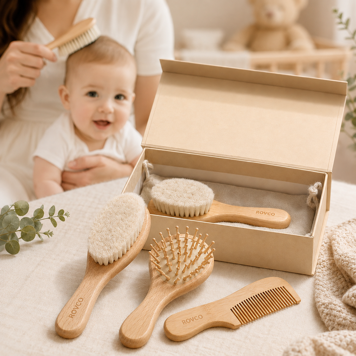 Rovco Baby Comb & Brush Set – Natural Wooden Newborn Hair Brush, Scalp Massage Brush & Comb for Cradle Cap Care, Gentle Grooming & Healthy Hair
