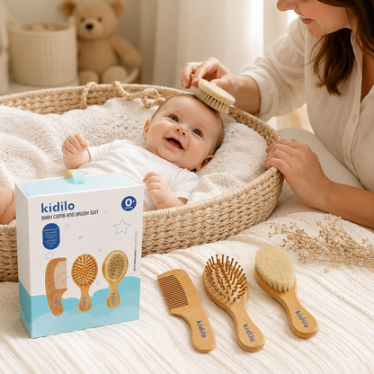 Kidilo Baby Brush & Comb Set – 3-Piece Wooden Newborn Hair Grooming Kit with Soft Bristle Brush, Scalp Massage Brush & Comb | 0+ Months