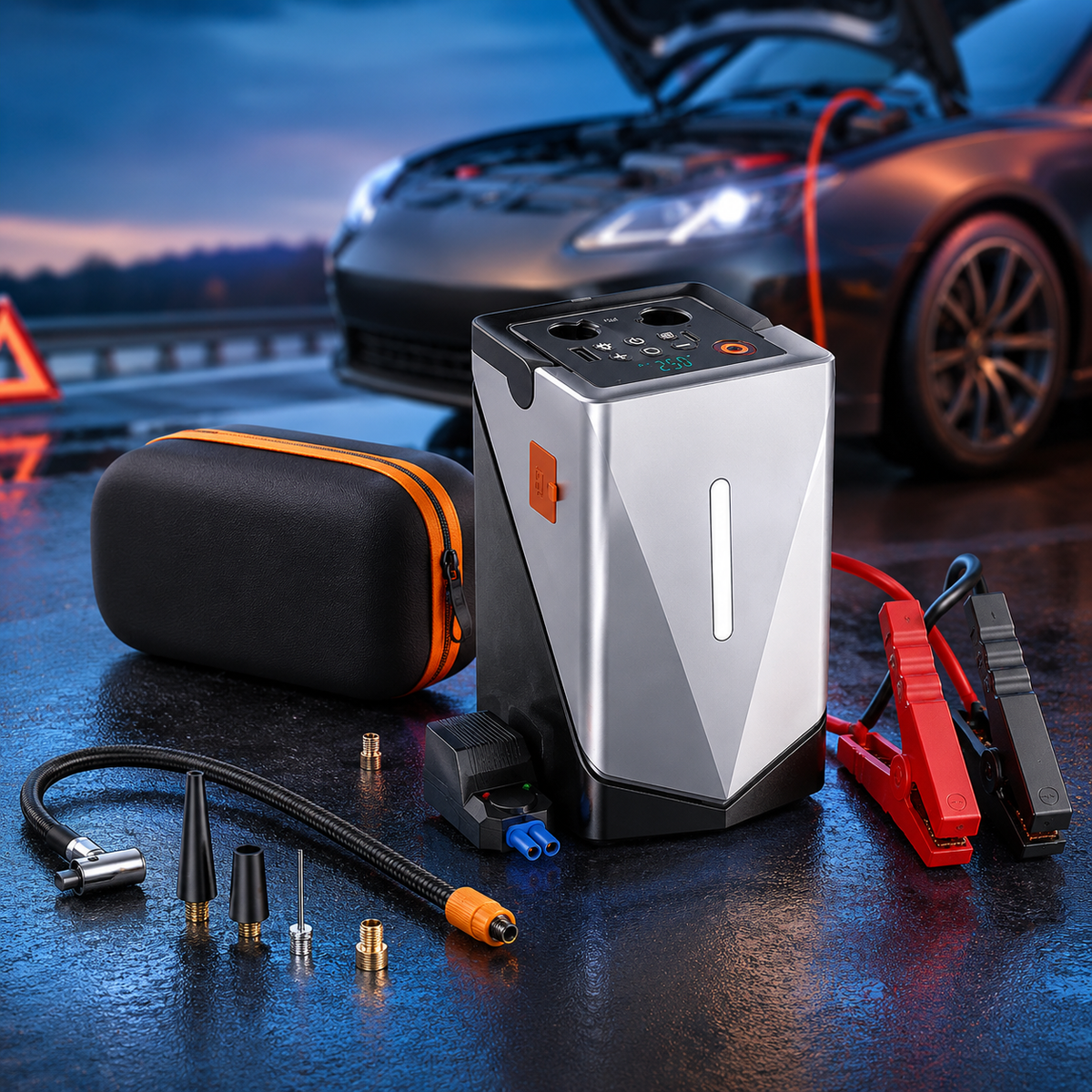 Portable Car Jump Starter with Air Compressor & Power Bank, 12V Vehicle Battery Booster, Tire Inflator, Air Blower, LED Emergency Light for Cars, SUVs & Motorcycles