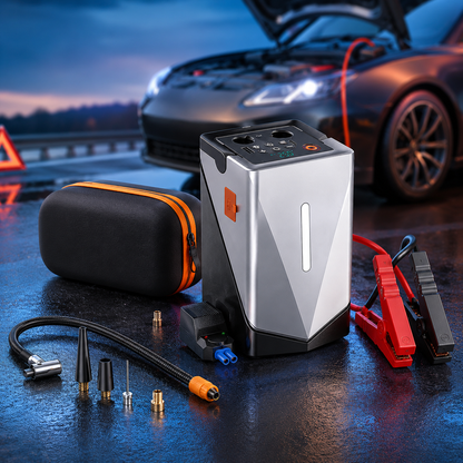 Portable Car Jump Starter with Air Compressor & Power Bank, 12V Vehicle Battery Booster, Tire Inflator, Air Blower, LED Emergency Light for Cars, SUVs & Motorcycles