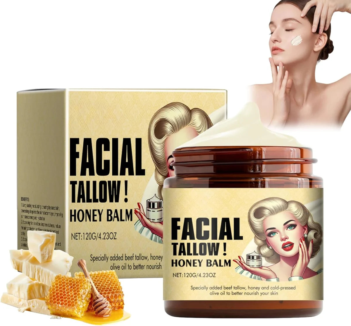 Facial Tallow Honey Balm | Deep Moisturizing Face Balm with Grass-Fed Beef Tallow & Raw Honey | Natural Skin Barrier Repair Cream