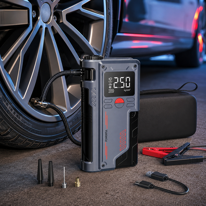 3-in-1 Portable Car Jump Starter with Digital Display, Tire Inflator Compressor & Power Bank – Emergency Battery Booster for Vehicles