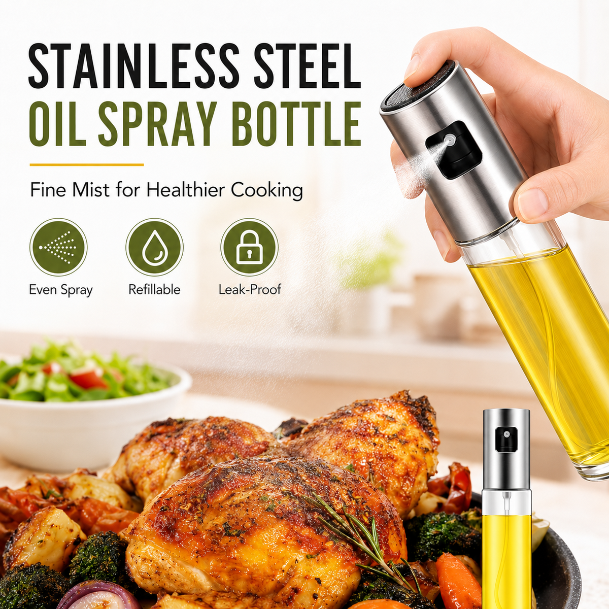 Oil Spray Bottle | Refillable Olive Oil Sprayer for Cooking, BBQ, Air Fryer & Salad