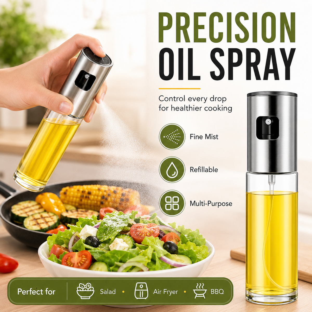 Oil Spray Bottle | Refillable Olive Oil Sprayer for Cooking, BBQ, Air Fryer & Salad