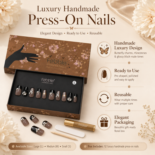 Febble Wing Butterfly Noir Press-On Nails | Black Butterfly Nail Set | Reusable Glossy False Nails
