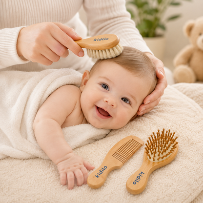 Kidilo Baby Brush & Comb Set – 3-Piece Wooden Newborn Hair Grooming Kit with Soft Bristle Brush, Scalp Massage Brush & Comb | 0+ Months