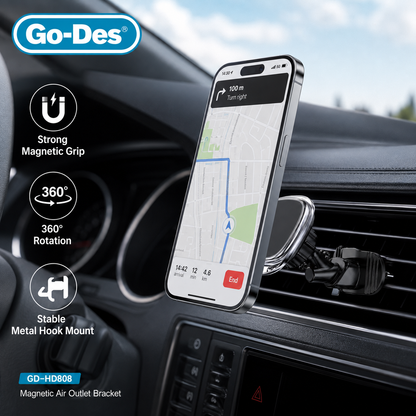 Go-Des GD-HD808 Metal Hook Magnetic Air Vent Phone Holder – 360° Rotating Strong N52 Magnetic Car Mount for Smartphones