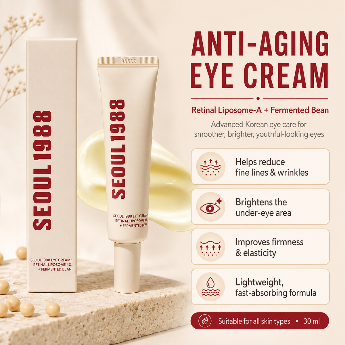 Seoul 1988 Eye Cream | Anti-Aging Korean Eye Cream for Dark Circles, Puffiness & Fine Lines | Hydrating Under Eye Treatment