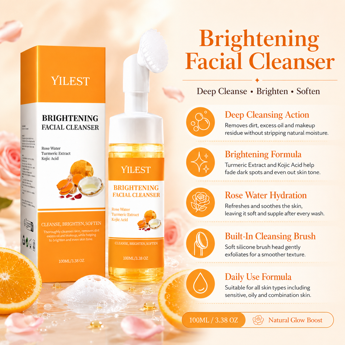 Turmeric Facial Cleanser | Brightening Face Wash for Dark Spots, Acne & Glowing Skin | Gentle Daily Cleanser for All Skin Types