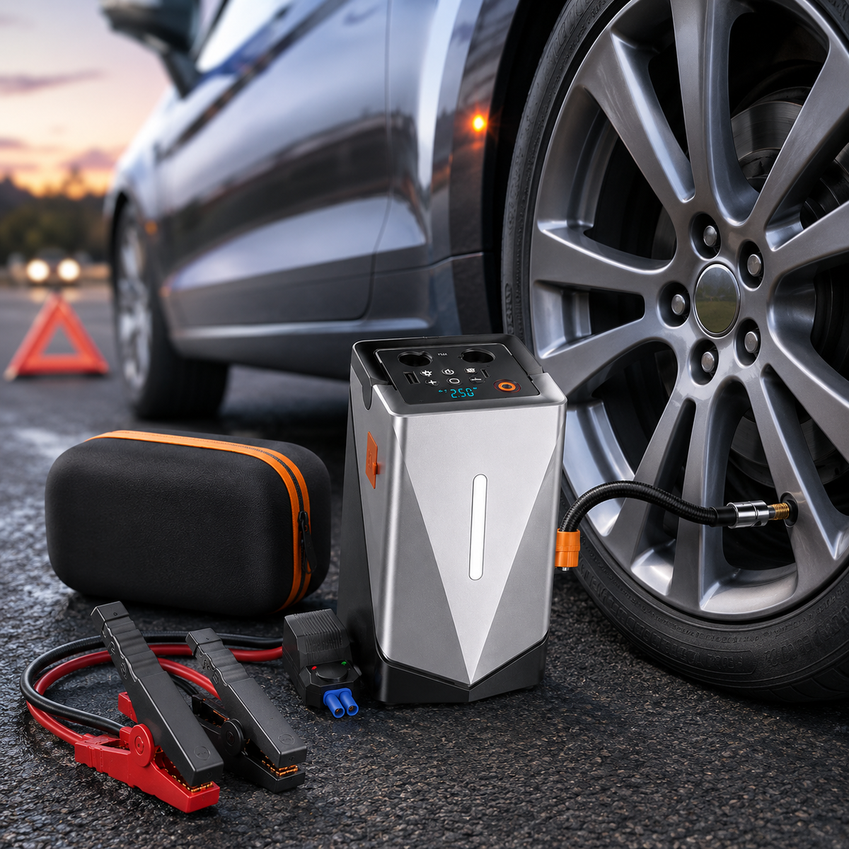 Portable Car Jump Starter with Air Compressor & Power Bank, 12V Vehicle Battery Booster, Tire Inflator, Air Blower, LED Emergency Light for Cars, SUVs & Motorcycles
