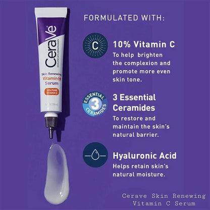 CeraVe Skin Renewing Vitamin C Serum | 10% Pure Vitamin C Brightening Serum with Ceramides & Hyaluronic Acid | Anti-Aging Face Serum