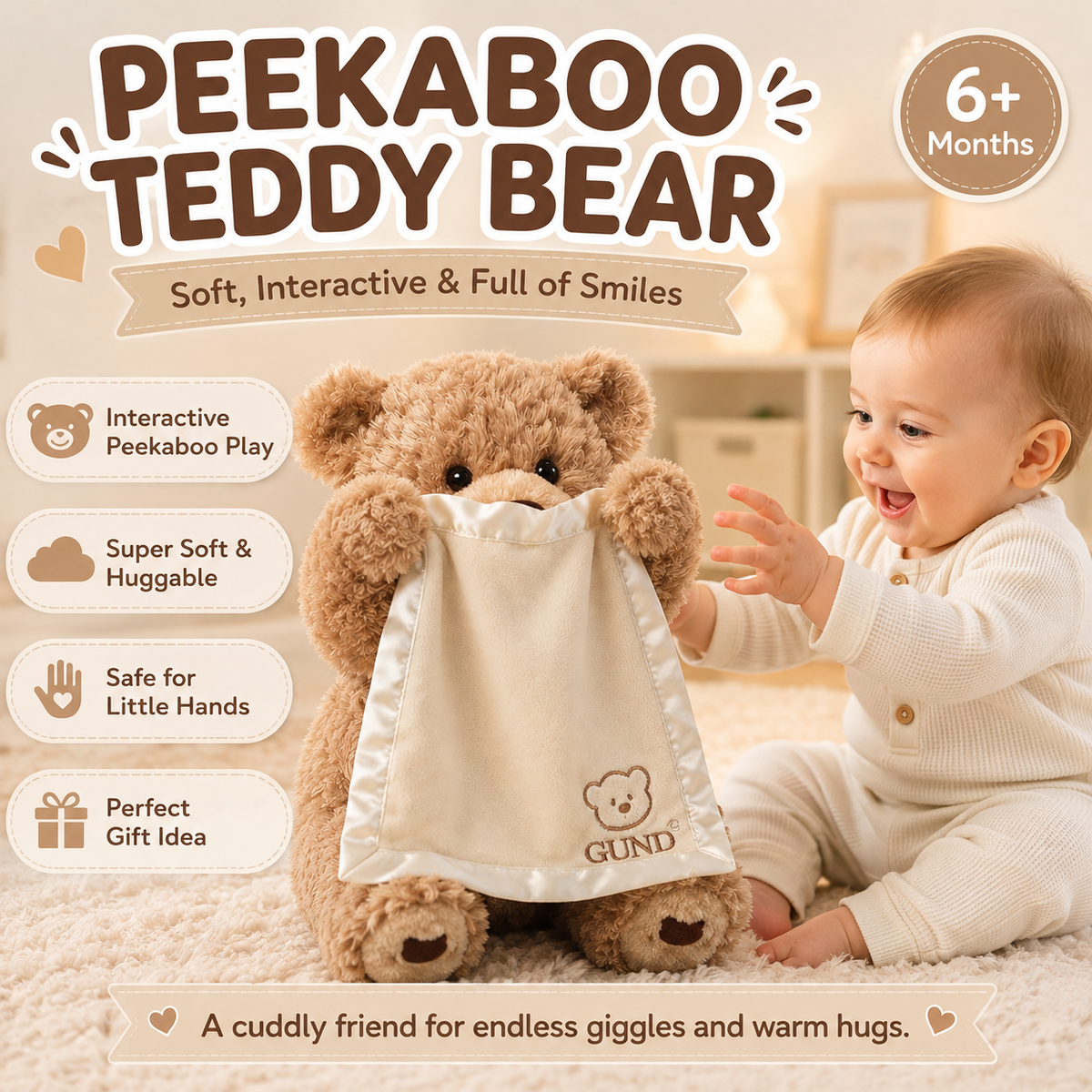Peekaboo Teddy Bear | Interactive Bear with Peekaboo Ears | Soft Stuffed Toy for Babies & Kids