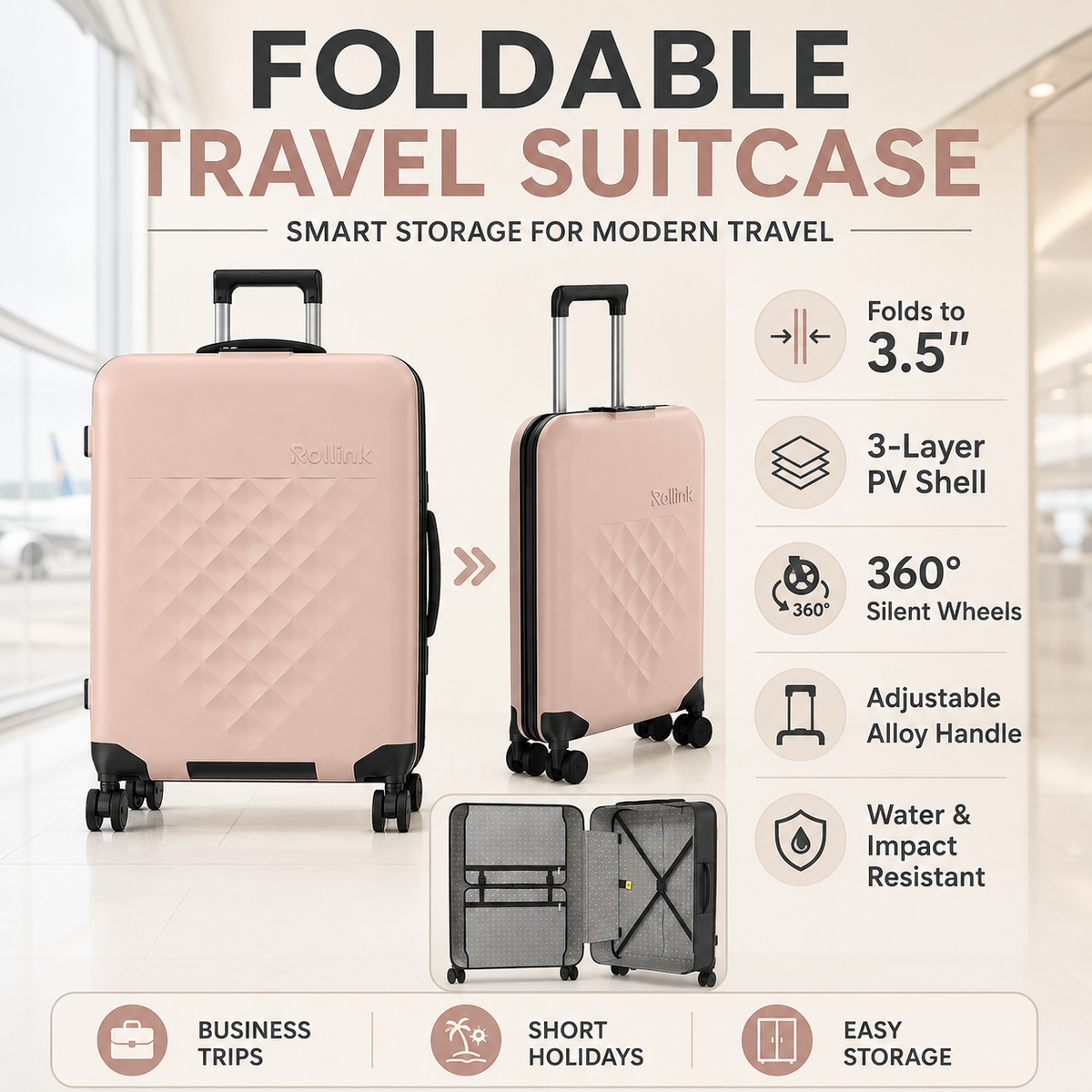 Foldable Travel Suitcase | Expandable Rolling Luggage with Wheels for Travel & Storage