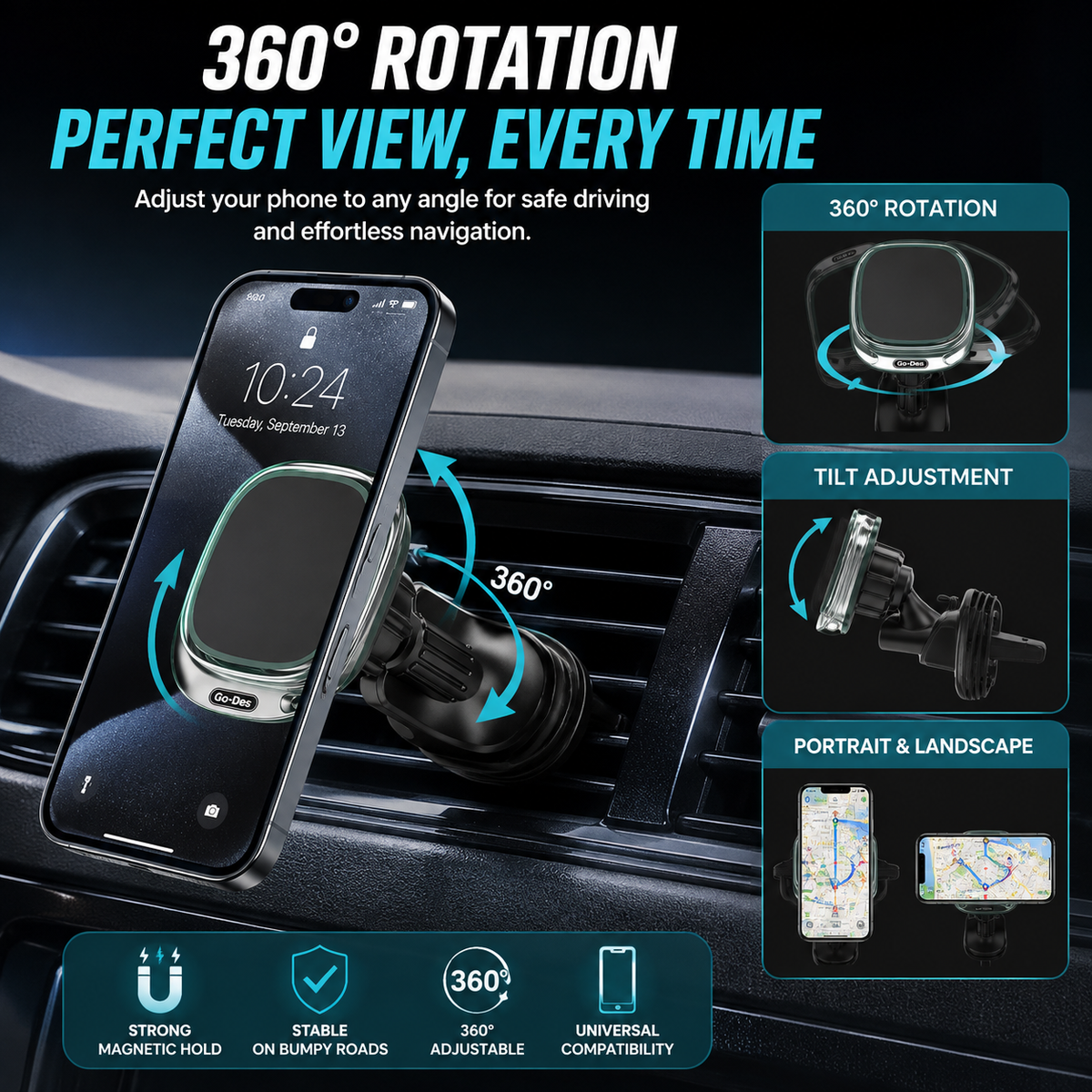 Go-Des GD-HD808 Metal Hook Magnetic Air Vent Phone Holder – 360° Rotating Strong N52 Magnetic Car Mount for Smartphones