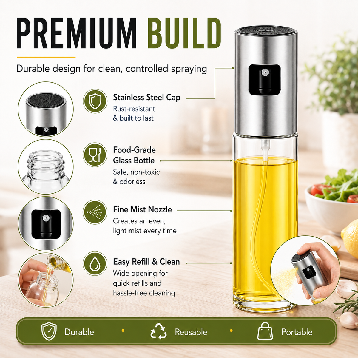 Oil Spray Bottle | Refillable Olive Oil Sprayer for Cooking, BBQ, Air Fryer & Salad