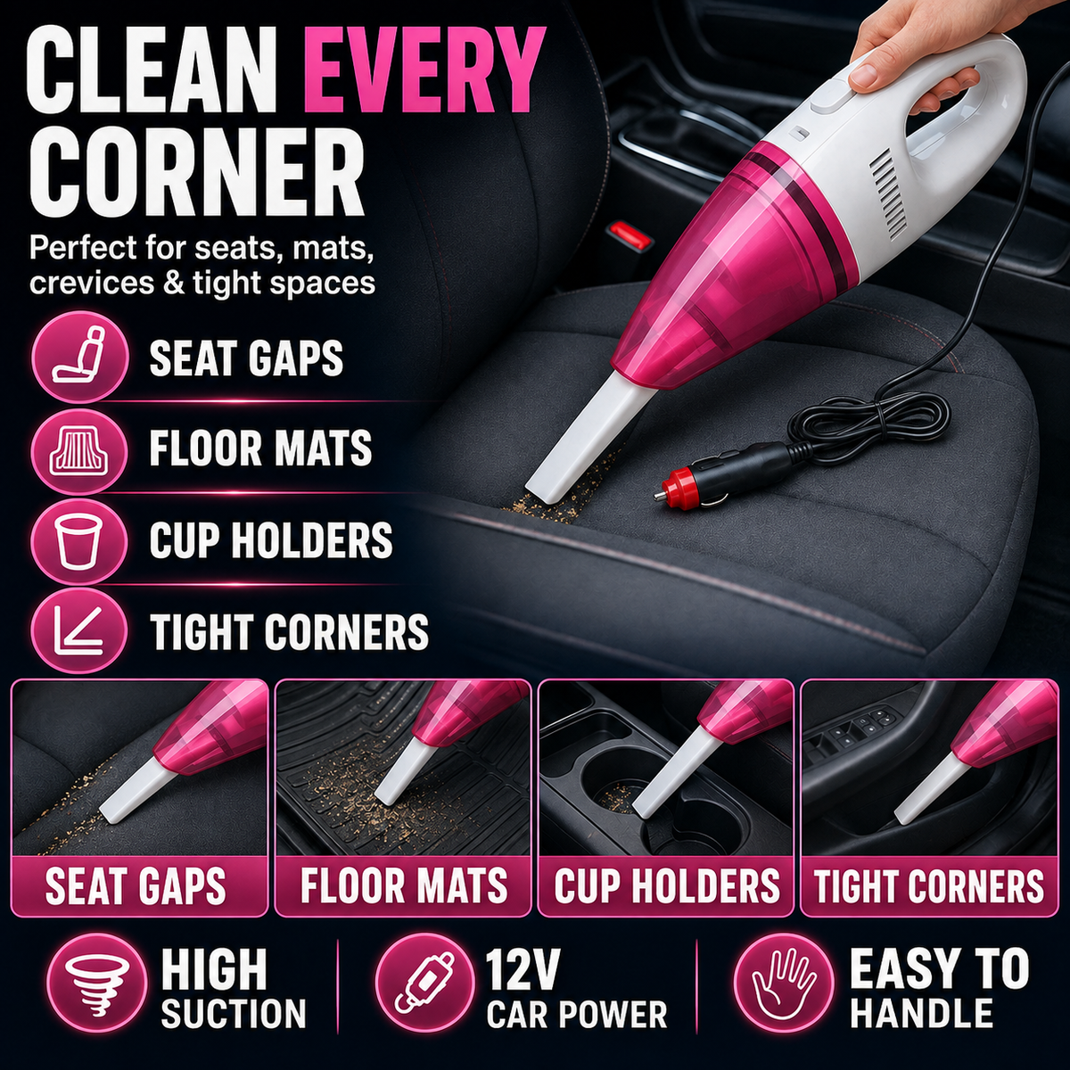 Portable Car Vacuum Cleaner | High Power Cordless Mini Handheld Vacuum for Car, Home & Office