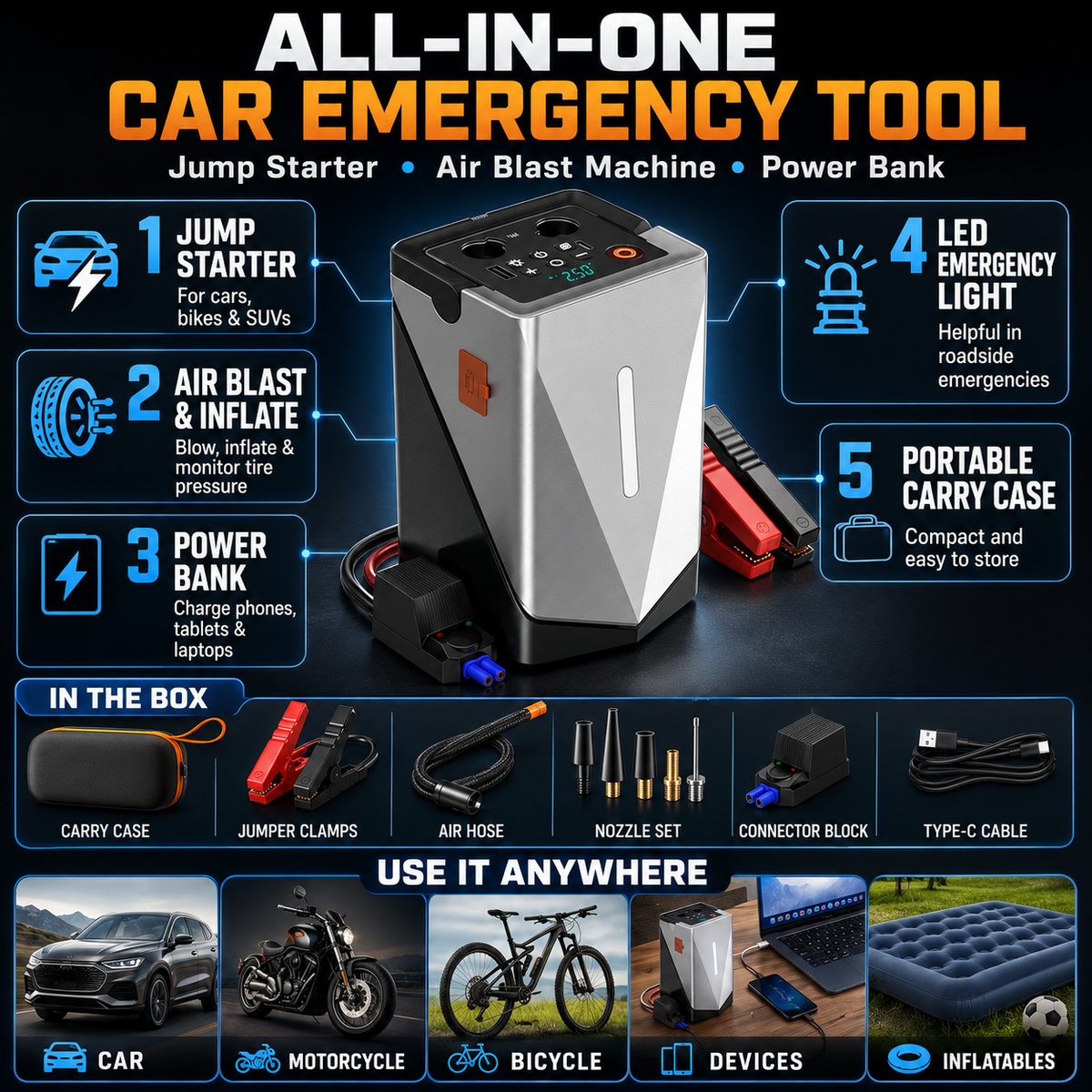 Portable Car Jump Starter with Air Compressor & Power Bank, 12V Vehicle Battery Booster, Tire Inflator, Air Blower, LED Emergency Light for Cars, SUVs & Motorcycles