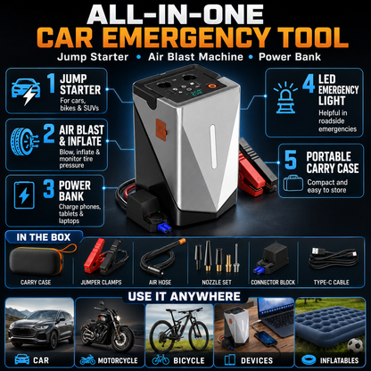 Portable Car Jump Starter with Air Compressor & Power Bank, 12V Vehicle Battery Booster, Tire Inflator, Air Blower, LED Emergency Light for Cars, SUVs & Motorcycles