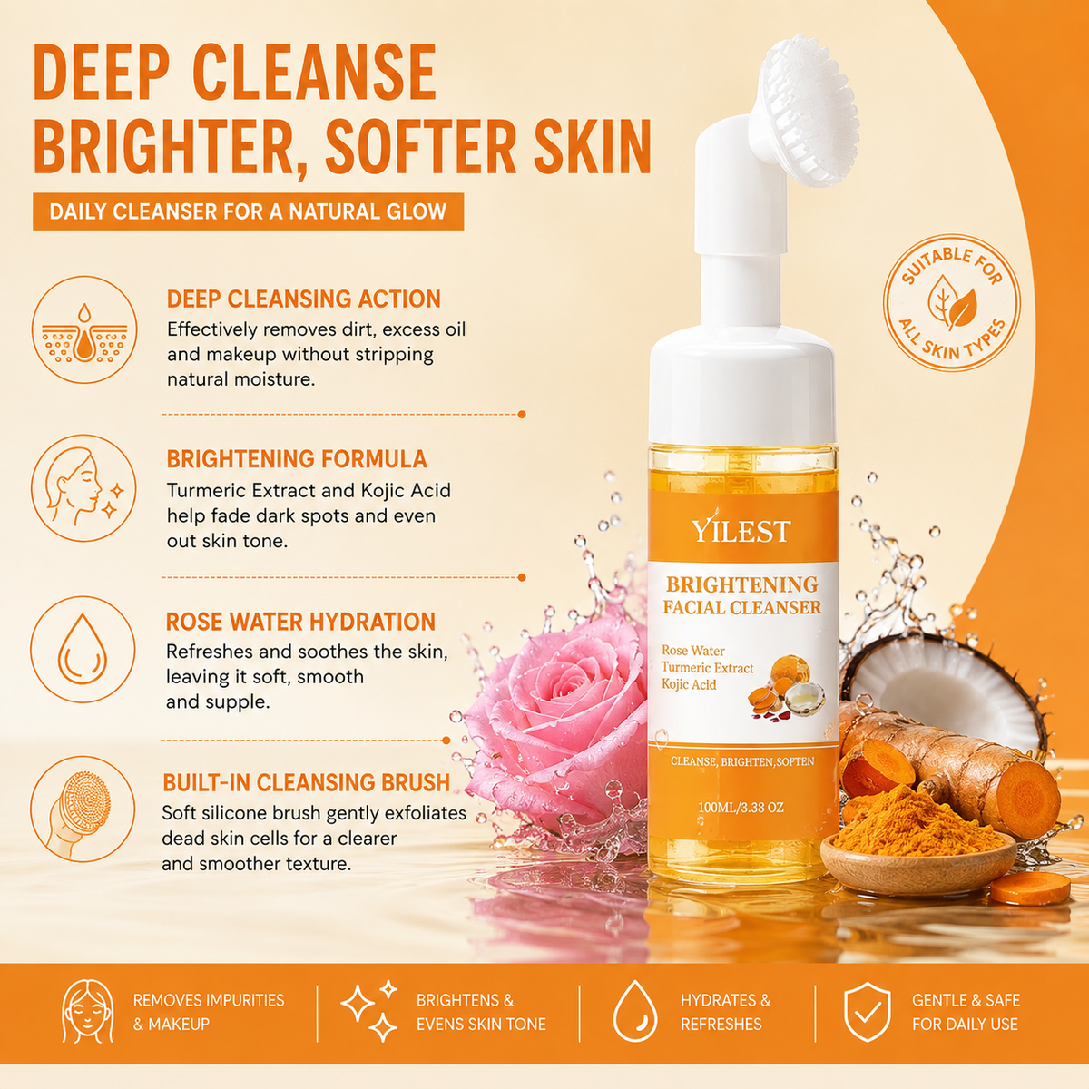 Turmeric Facial Cleanser | Brightening Face Wash for Dark Spots, Acne & Glowing Skin | Gentle Daily Cleanser for All Skin Types