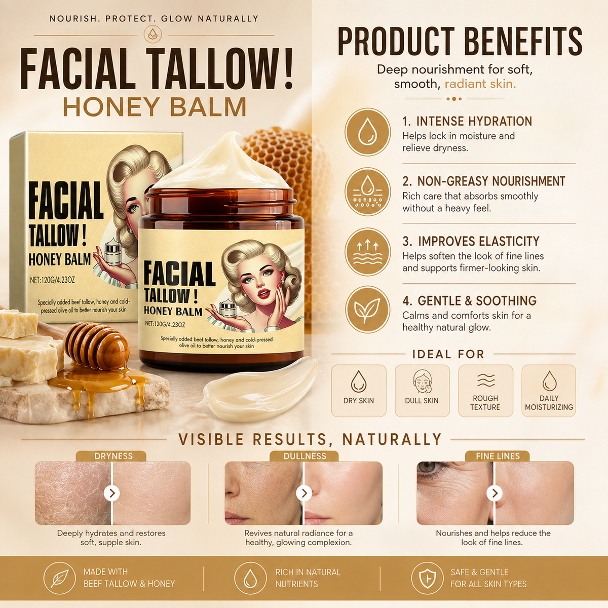 Facial Tallow Honey Balm | Deep Moisturizing Face Balm with Grass-Fed Beef Tallow & Raw Honey | Natural Skin Barrier Repair Cream