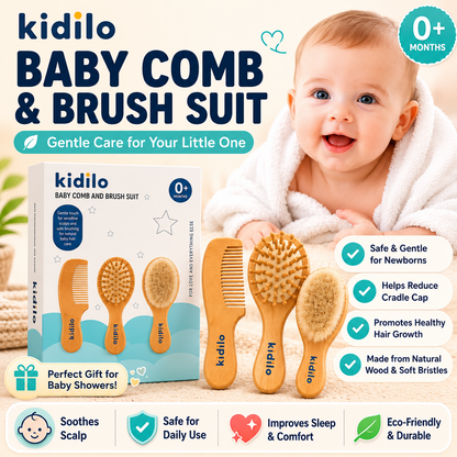 Kidilo Baby Brush & Comb Set – 3-Piece Wooden Newborn Hair Grooming Kit with Soft Bristle Brush, Scalp Massage Brush & Comb | 0+ Months