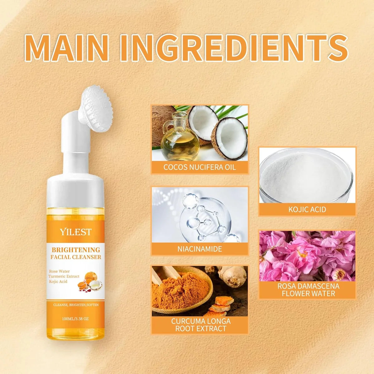 Turmeric Facial Cleanser | Brightening Face Wash for Dark Spots, Acne & Glowing Skin | Gentle Daily Cleanser for All Skin Types