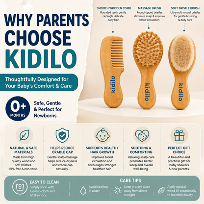 Kidilo Baby Brush & Comb Set – 3-Piece Wooden Newborn Hair Grooming Kit with Soft Bristle Brush, Scalp Massage Brush & Comb | 0+ Months