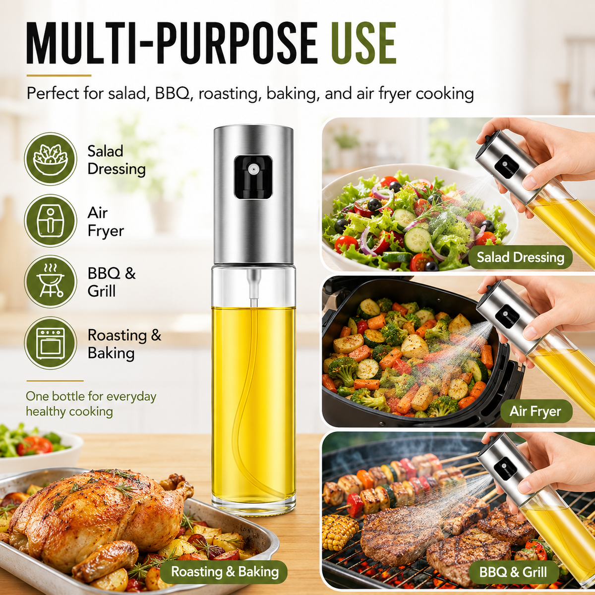 Oil Spray Bottle | Refillable Olive Oil Sprayer for Cooking, BBQ, Air Fryer & Salad