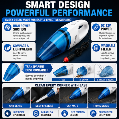 Portable Car Vacuum Cleaner | High Power Cordless Mini Handheld Vacuum for Car, Home & Office