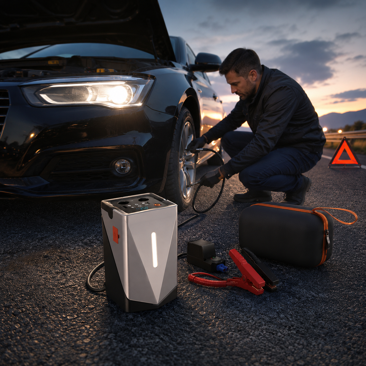 Portable Car Jump Starter with Air Compressor & Power Bank, 12V Vehicle Battery Booster, Tire Inflator, Air Blower, LED Emergency Light for Cars, SUVs & Motorcycles
