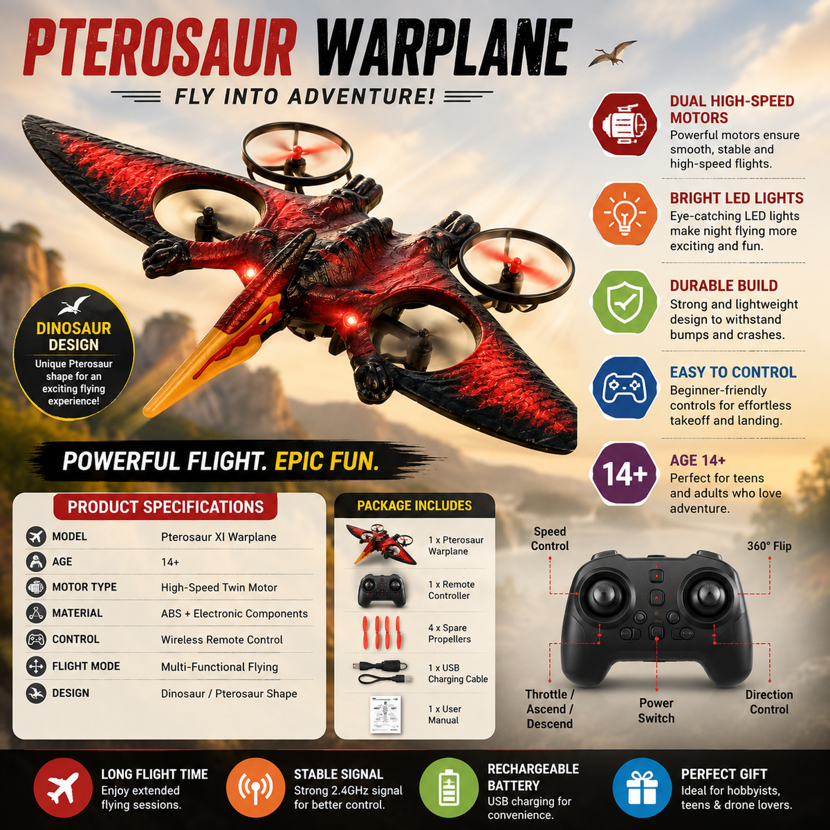 Pterosaur Warplane Flying Dino Drone | RC Dinosaur Aircraft with Gliding Flight & Rechargeable Remote Control Toy