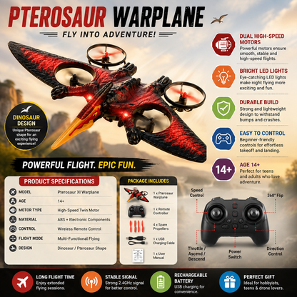 Pterosaur Warplane Flying Dino Drone | RC Dinosaur Aircraft with Gliding Flight & Rechargeable Remote Control Toy