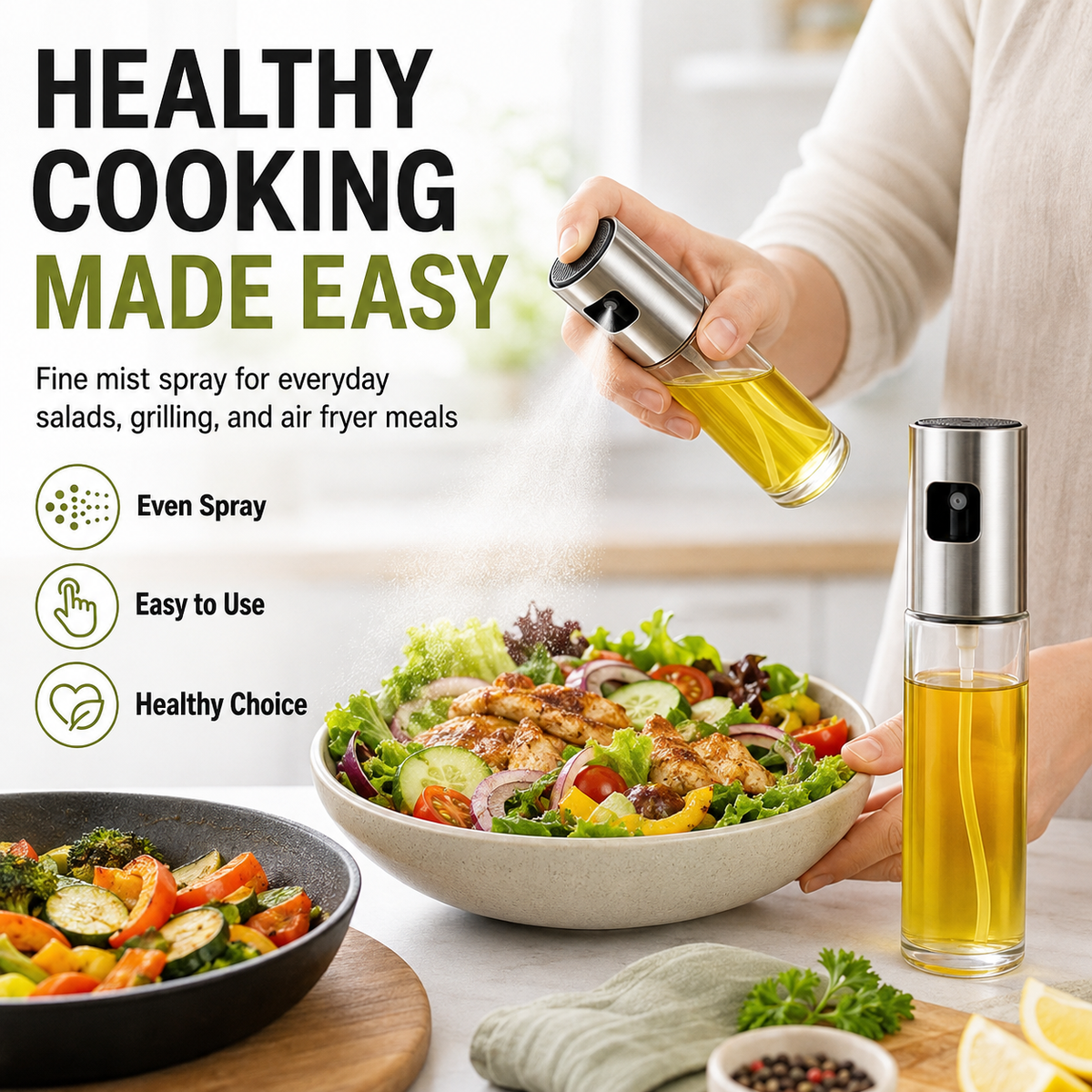 Oil Spray Bottle | Refillable Olive Oil Sprayer for Cooking, BBQ, Air Fryer & Salad