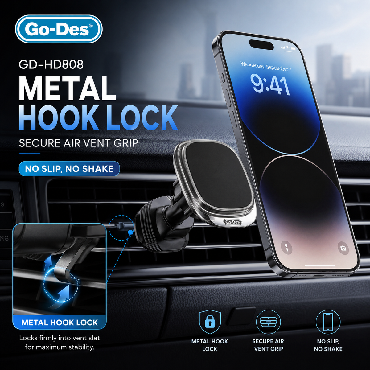 Go-Des GD-HD808 Metal Hook Magnetic Air Vent Phone Holder – 360° Rotating Strong N52 Magnetic Car Mount for Smartphones
