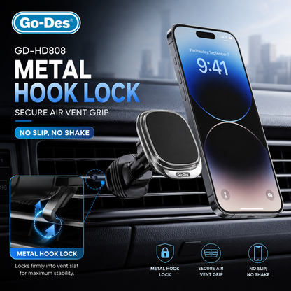 Go-Des GD-HD808 Metal Hook Magnetic Air Vent Phone Holder – 360° Rotating Strong N52 Magnetic Car Mount for Smartphones