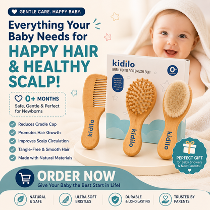 Kidilo Baby Brush & Comb Set – 3-Piece Wooden Newborn Hair Grooming Kit with Soft Bristle Brush, Scalp Massage Brush & Comb | 0+ Months