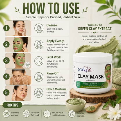 Green Clay Face Mask | Deep Cleansing Clay Mask with Green Clay Extract | Pore Minimizing & Oil Control Facial Mask for All Skin Types