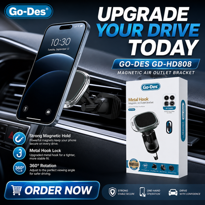 Go-Des GD-HD808 Metal Hook Magnetic Air Vent Phone Holder – 360° Rotating Strong N52 Magnetic Car Mount for Smartphones