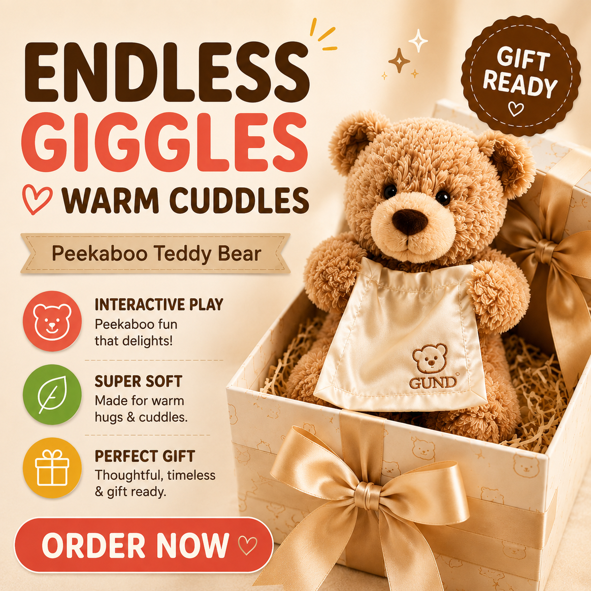 Peekaboo Teddy Bear | Interactive Bear with Peekaboo Ears | Soft Stuffed Toy for Babies & Kids