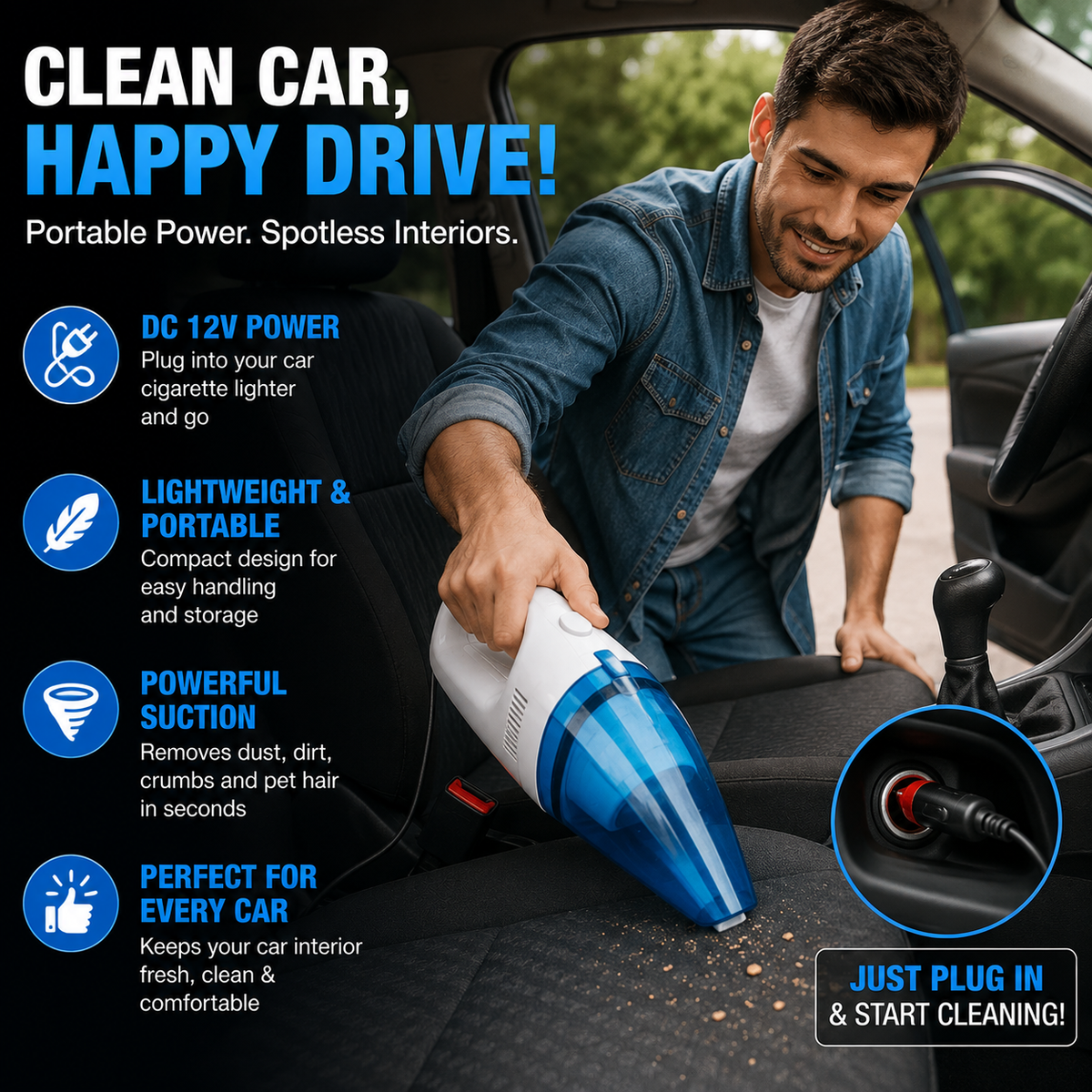 Portable Car Vacuum Cleaner | High Power Cordless Mini Handheld Vacuum for Car, Home & Office