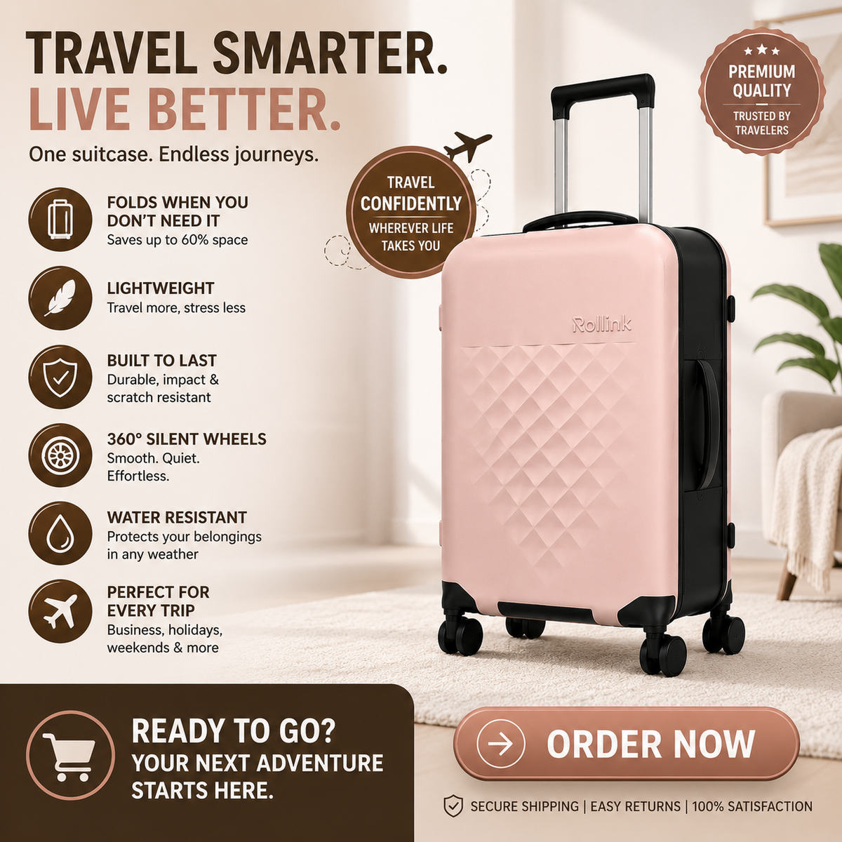Foldable Travel Suitcase | Expandable Rolling Luggage with Wheels for Travel & Storage
