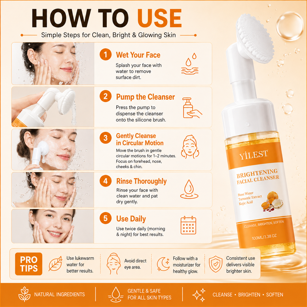 Turmeric Facial Cleanser | Brightening Face Wash for Dark Spots, Acne & Glowing Skin | Gentle Daily Cleanser for All Skin Types