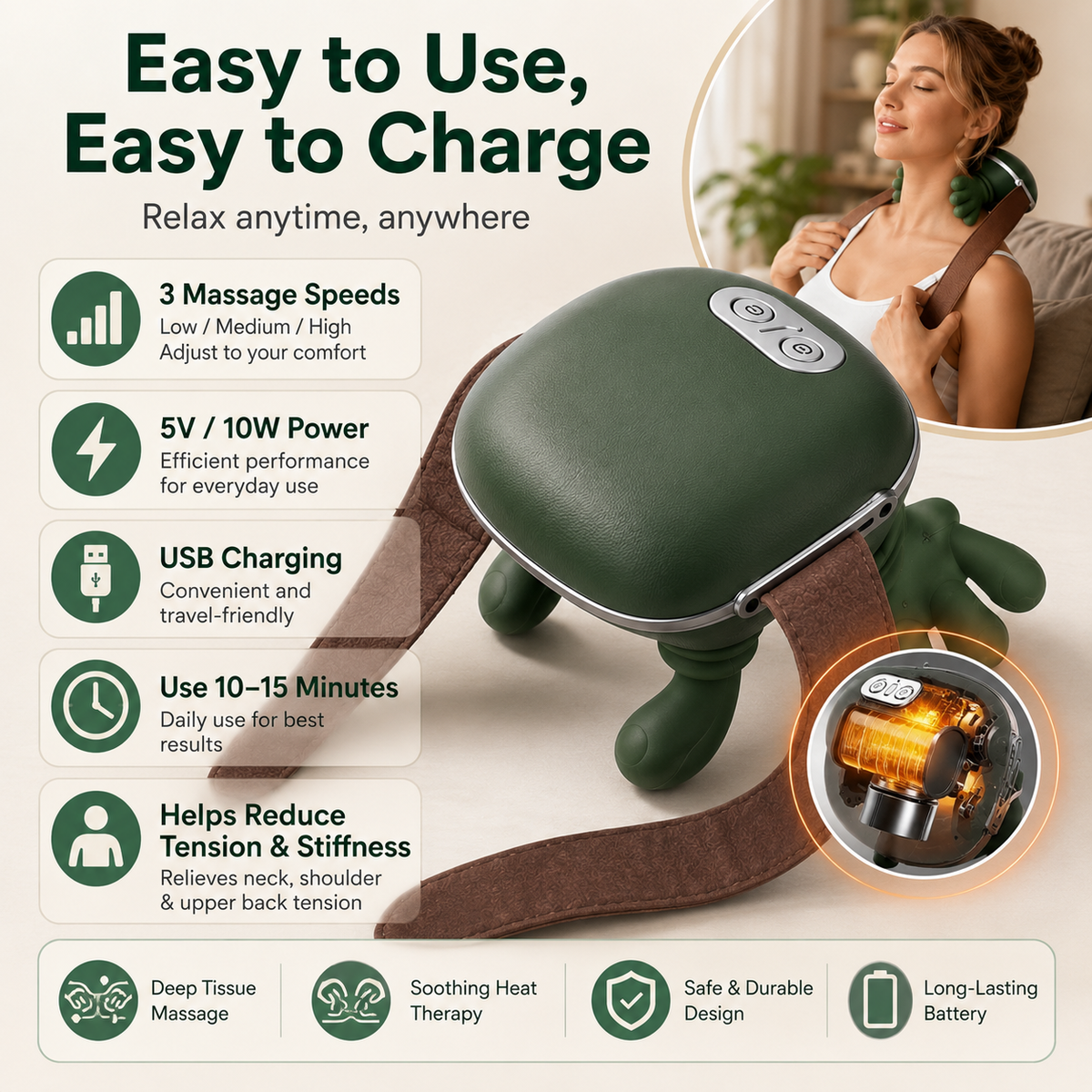 Shoulder & Neck Massager | Heated Shiatsu Deep Tissue Massage Pillow