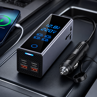 Smart 300W Car Power Inverter with Digital Display, 12V DC to 220V AC Converter, USB-C PD & QC3.0 Fast Charger for Vehicles