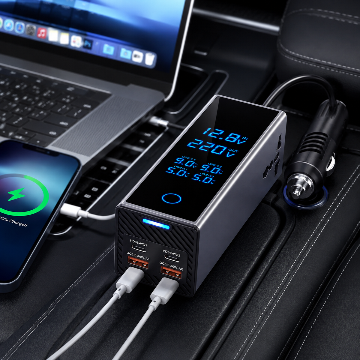 Smart 300W Car Power Inverter with Digital Display, 12V DC to 220V AC Converter, USB-C PD & QC3.0 Fast Charger for Vehicles